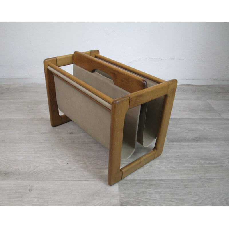 Vintage magazine rack in solid wood and suede, Germany 1970