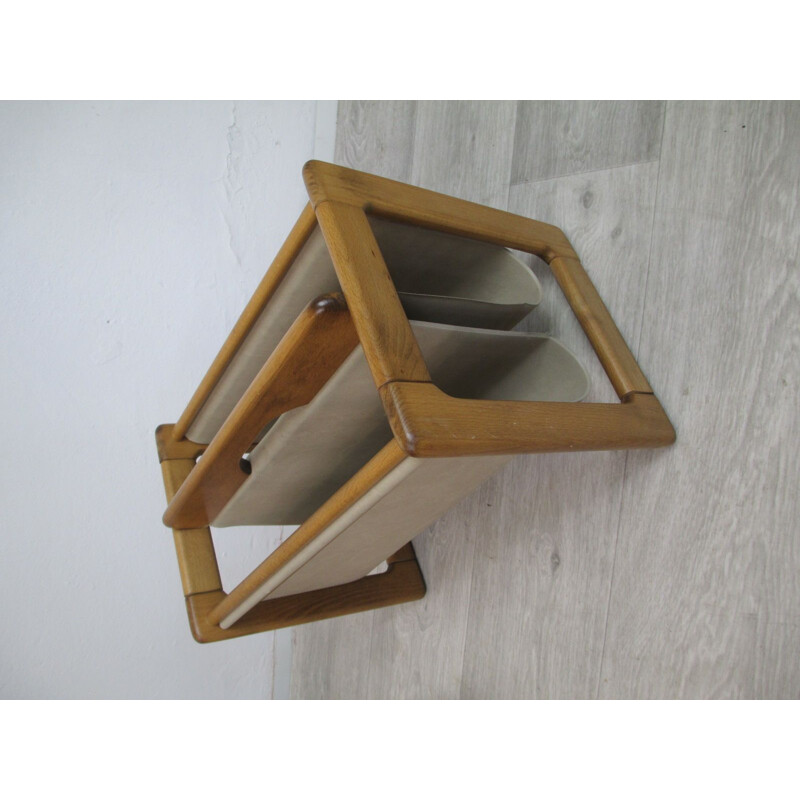 Vintage magazine rack in solid wood and suede, Germany 1970