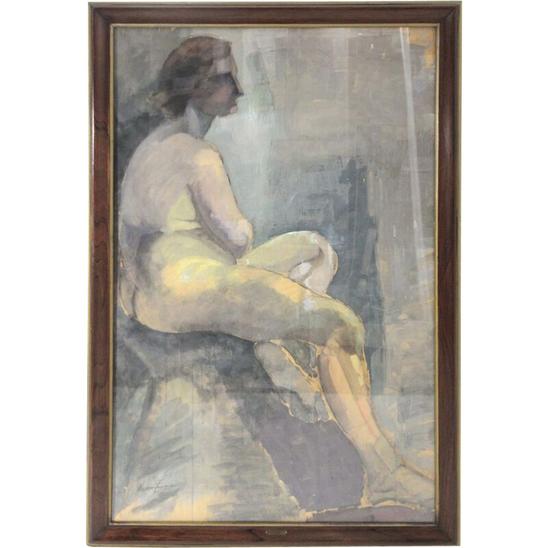 Peinture tempera vintage "Donna seduta" de Noemi Frascio, 1960