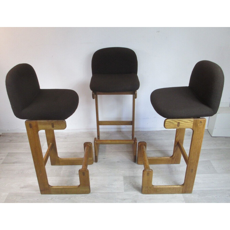 Set of 3 vintage German oak bar chairs from Brune