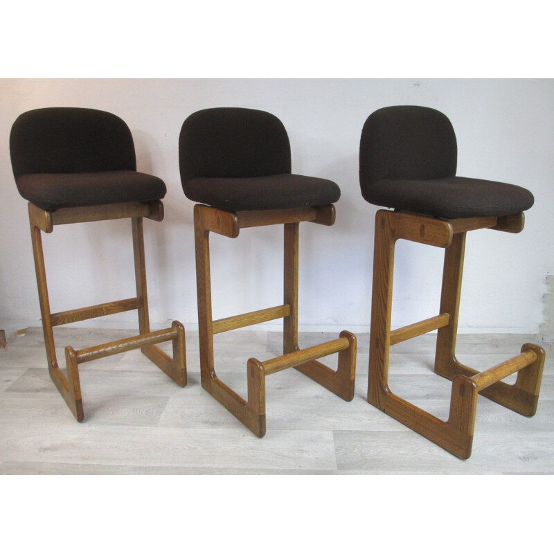 Suite de 3 tabourets vintage de bar en chêne allemands Brune