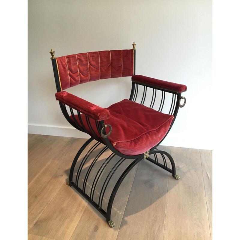 Vintage curule chair in blackened iron and brass and with claw foot decorations