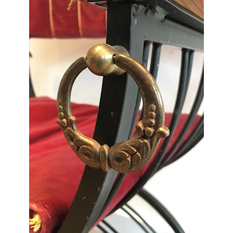 Vintage curule chair in blackened iron and brass and with claw foot decorations