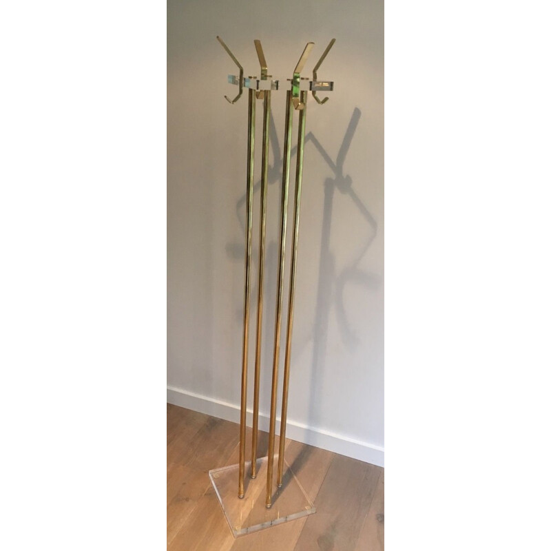 Vintage Modernist Plexiglass and brass coat rack