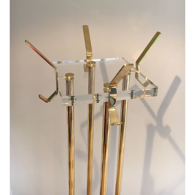 Vintage Modernist Plexiglass and brass coat rack