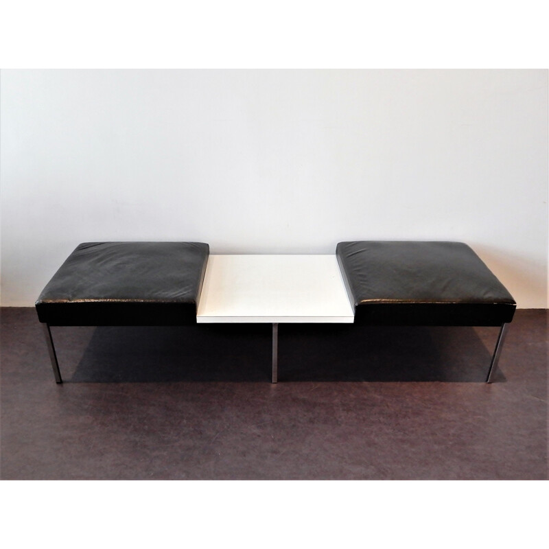 Vintage black leather bench with white laminated table by Thonet