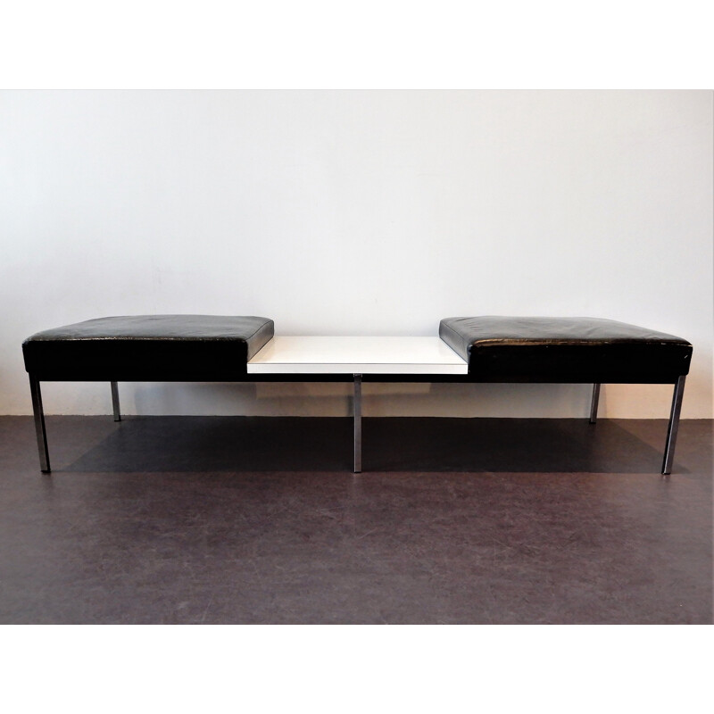 Vintage black leather bench with white laminated table by Thonet