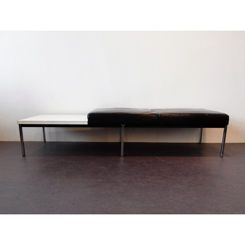 Vintage black leather bench with white laminated table by Thonet