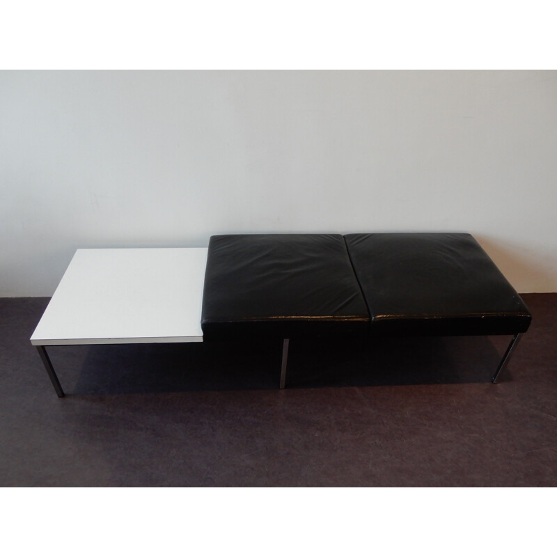 Vintage black leather bench with white laminated table by Thonet