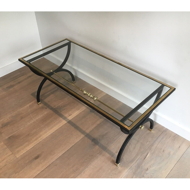 Vintage neoclassical coffee table in blackened steel and brass, 1950