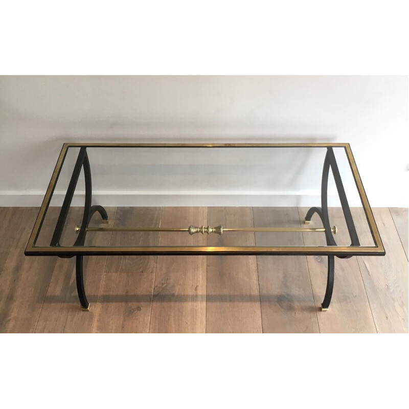 Vintage neoclassical coffee table in blackened steel and brass, 1950