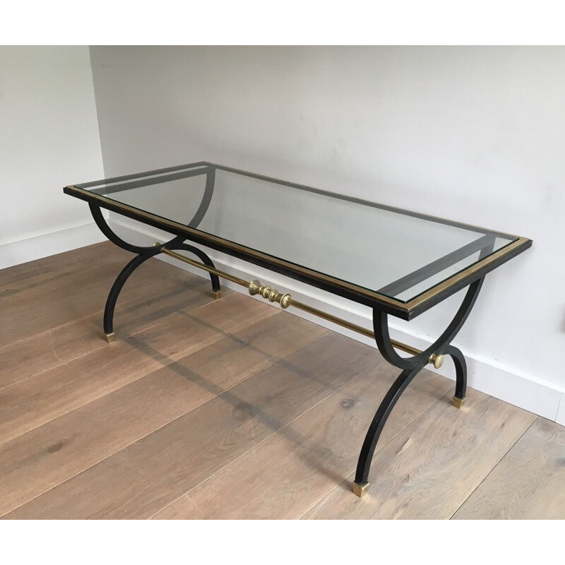 Vintage neoclassical coffee table in blackened steel and brass, 1950