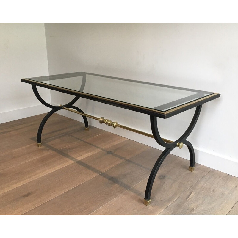 Vintage neoclassical coffee table in blackened steel and brass, 1950