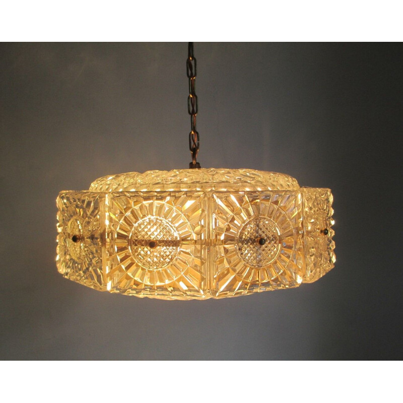 Vintage brass and crystal pendant light by Carl Fagerlund for Orrefors,1960
