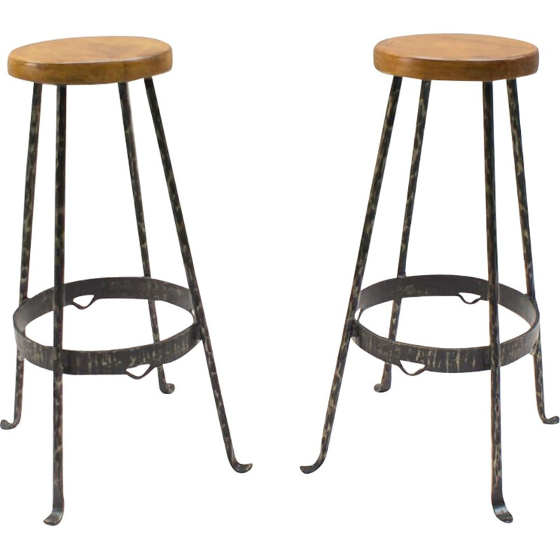 Pair of vintage wood and iron stools, 1960