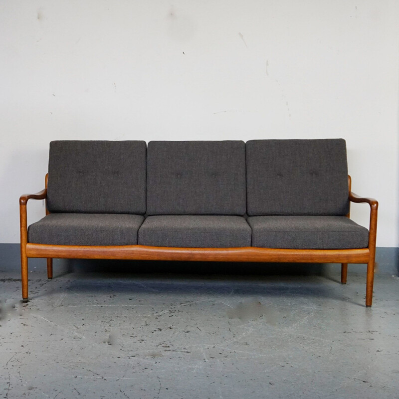 Vintage teak and grey fabric 3 seater Sofa by Knoll Antimott 1960