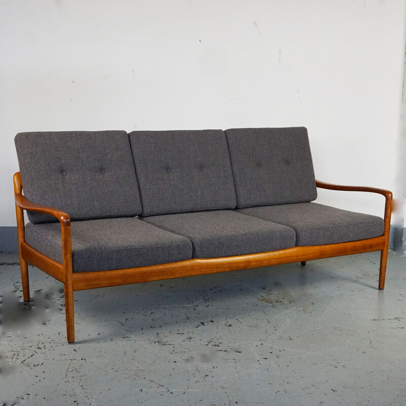 Vintage teak and grey fabric 3 seater Sofa by Knoll Antimott 1960