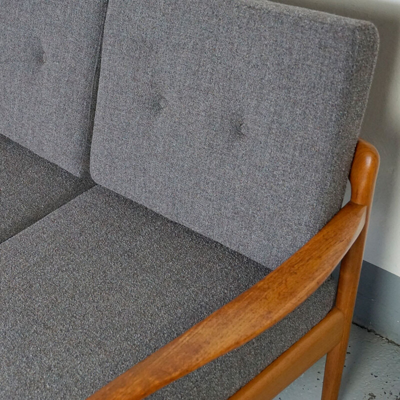 Vintage teak and grey fabric 3 seater Sofa by Knoll Antimott 1960