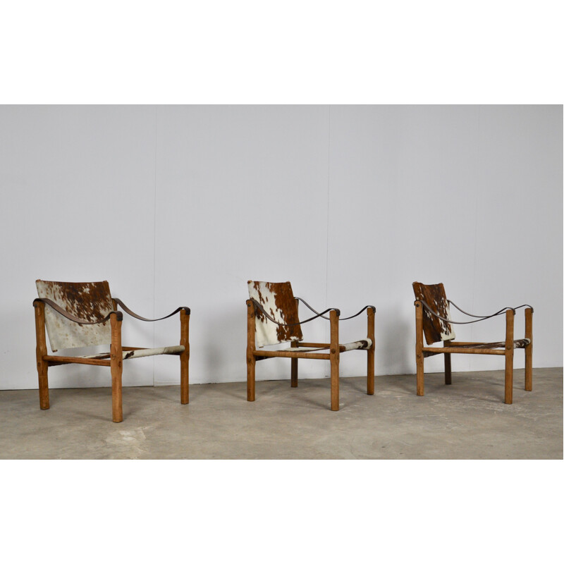 Ensemble de 3 fauteuils vintage en peau de vache 1970