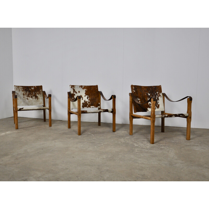 Ensemble de 3 fauteuils vintage en peau de vache 1970