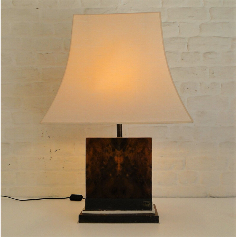 Lampe vintage en bois de loupe de Jean Claude Mahey, 1970s