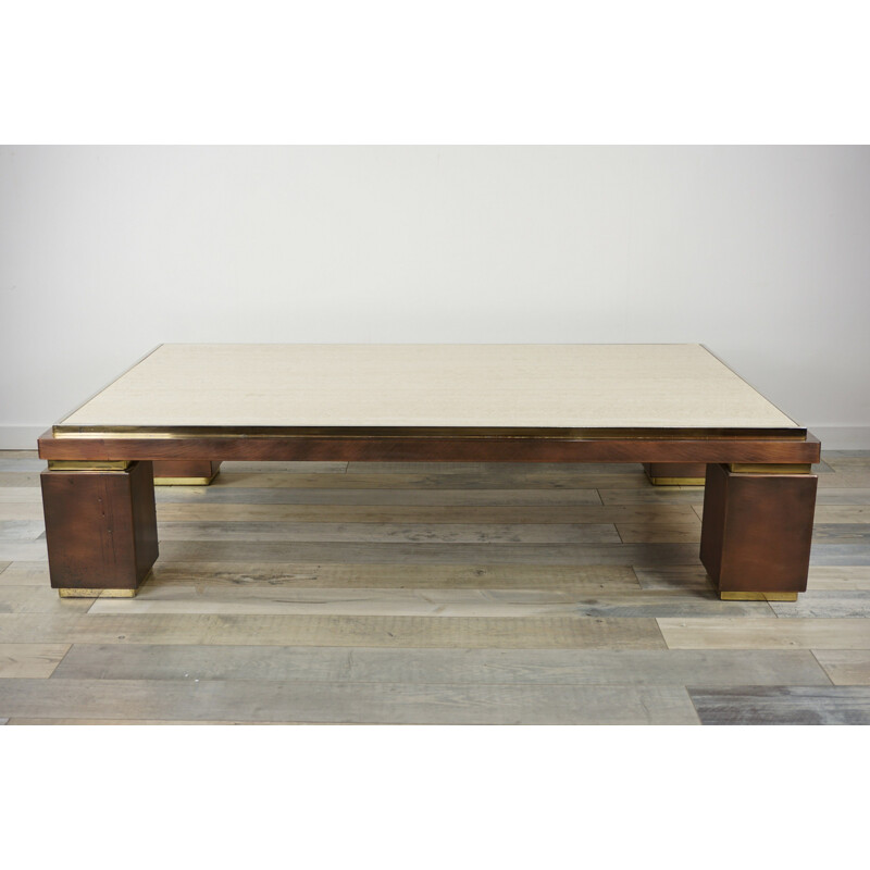 Vintage coffee table in travertine, copper and brass BC Design 1970s
