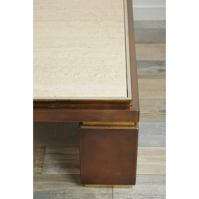 Table basse vintage en travertin, cuivre et laiton BC Design 1970s