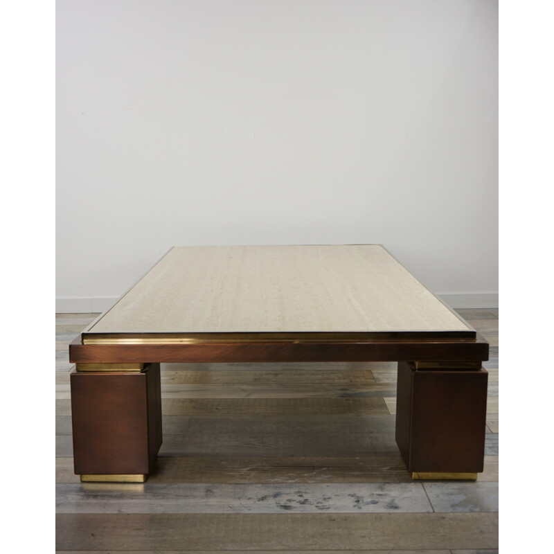 Table basse vintage en travertin, cuivre et laiton BC Design 1970s