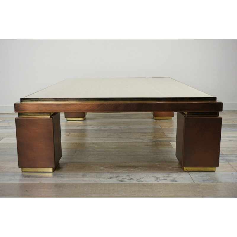 Vintage coffee table in travertine, copper and brass BC Design 1970s