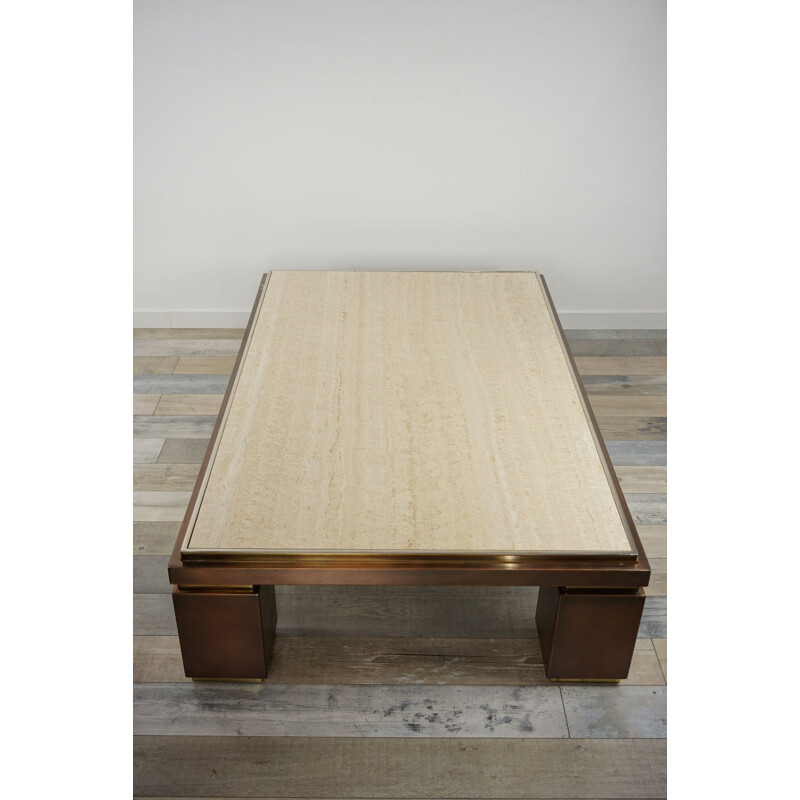 Table basse vintage en travertin, cuivre et laiton BC Design 1970s