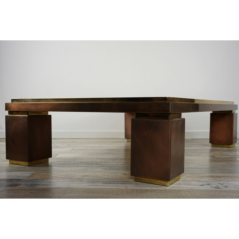 Vintage coffee table in travertine, copper and brass BC Design 1970s