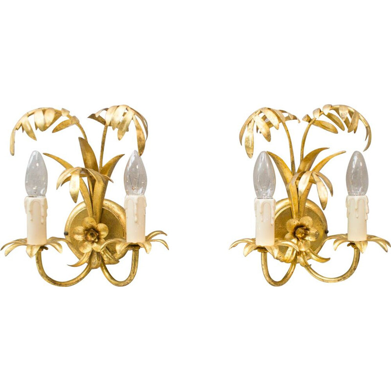 Pair of vintage Palm tree sconces in gold by Hans Kögl