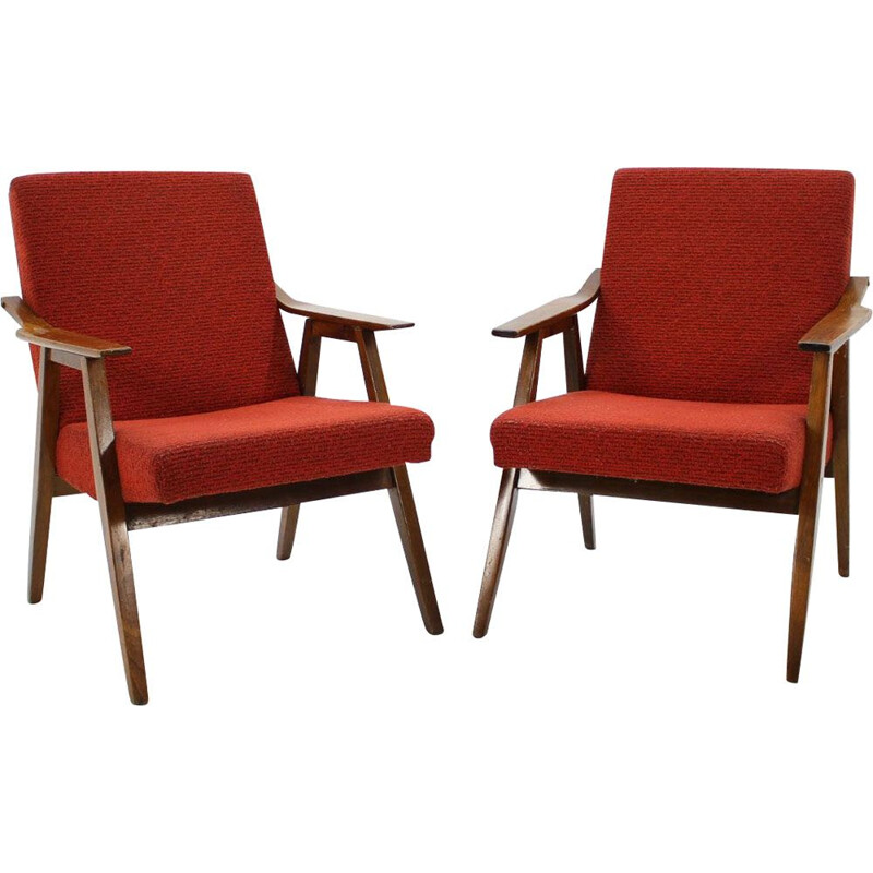 Pair of vintage armchairs in red fabric