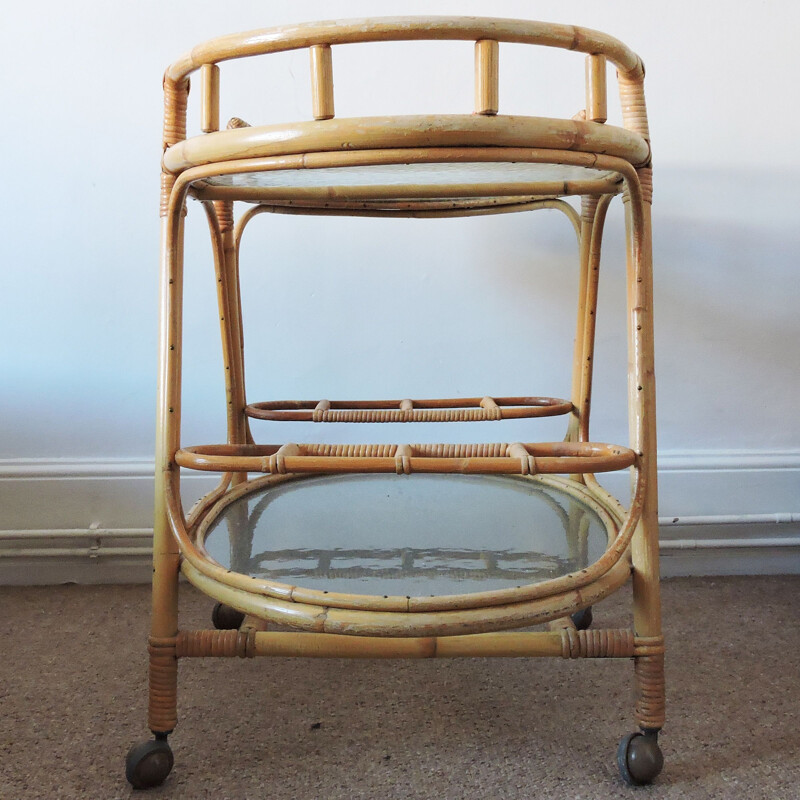 Vintage Rattan drinks trolley bar cart 1960s