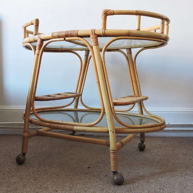 Vintage Rattan drinks trolley bar cart 1960s