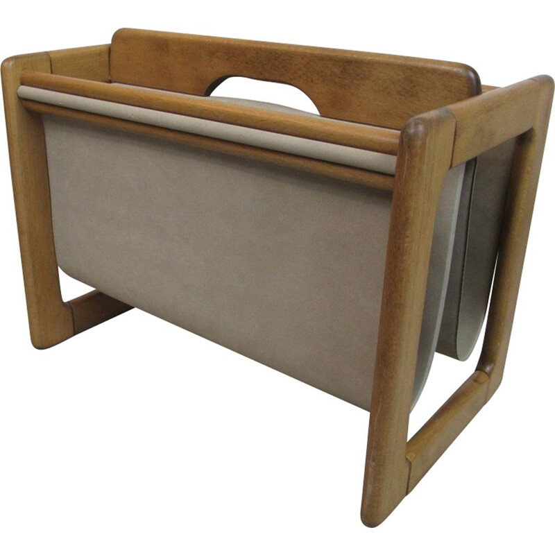 Vintage magazine rack in solid wood and suede, Germany 1970