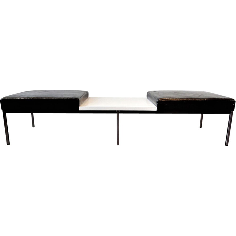 Vintage black leather bench with white laminated table by Thonet
