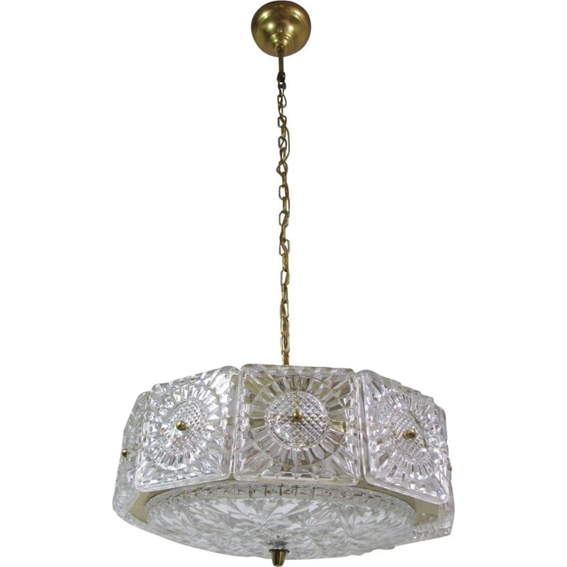 Vintage brass and crystal pendant light by Carl Fagerlund for Orrefors,1960
