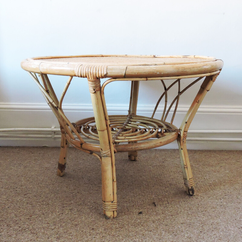 Vintage cane and rattan round side table 1970s