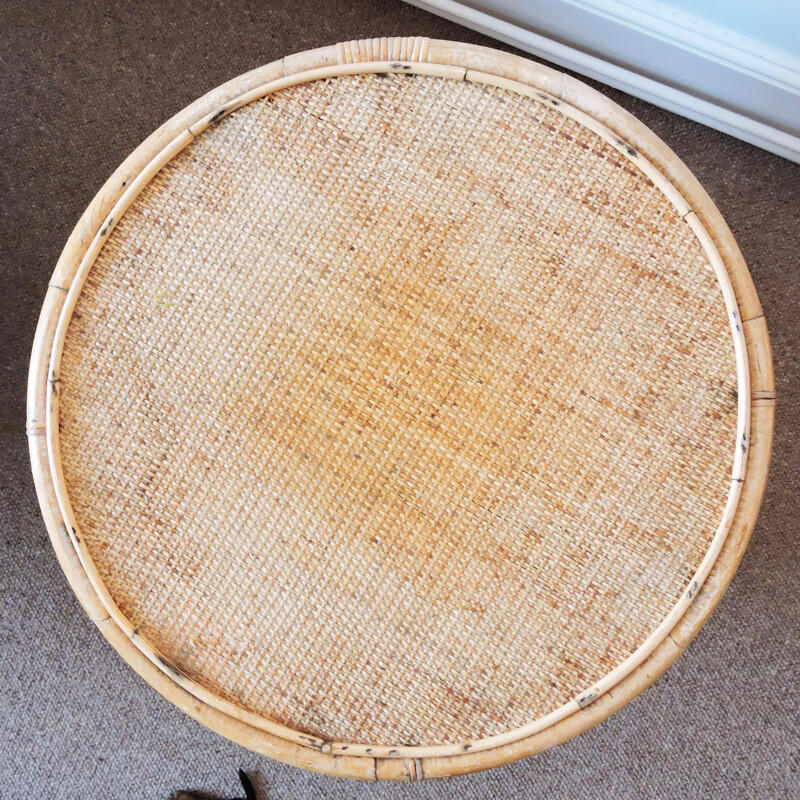 Vintage cane and rattan round side table 1970s