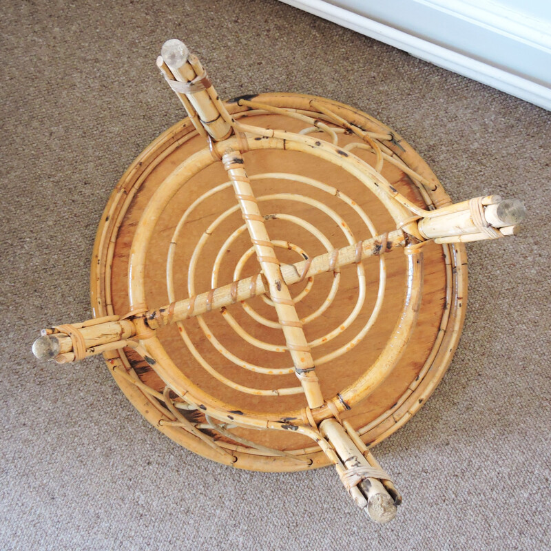 Vintage cane and rattan round side table 1970s