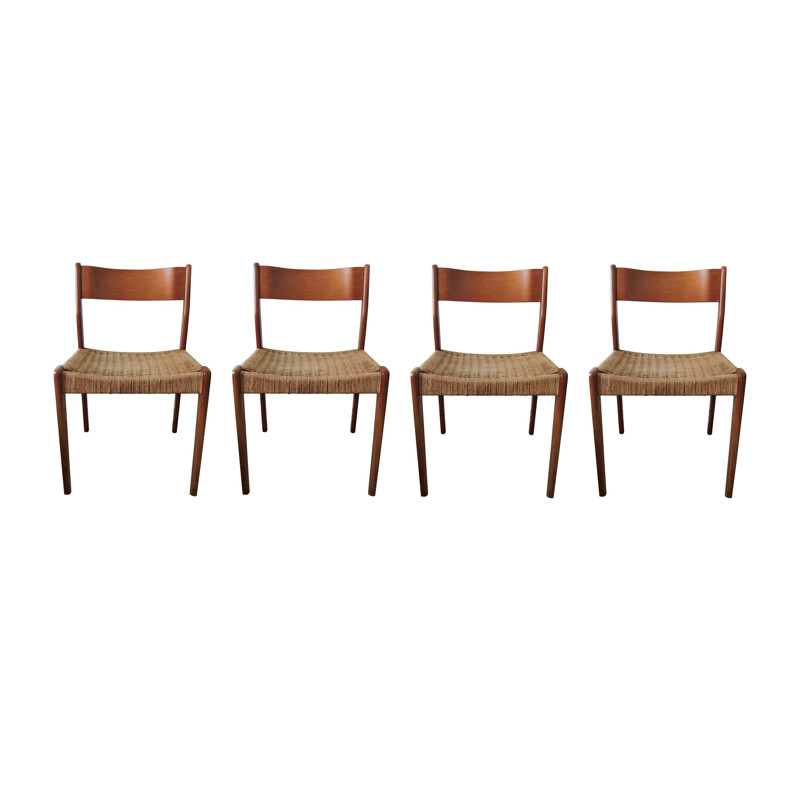 Ensemble vintage de 4 chaises de corde en teck et papier 1960