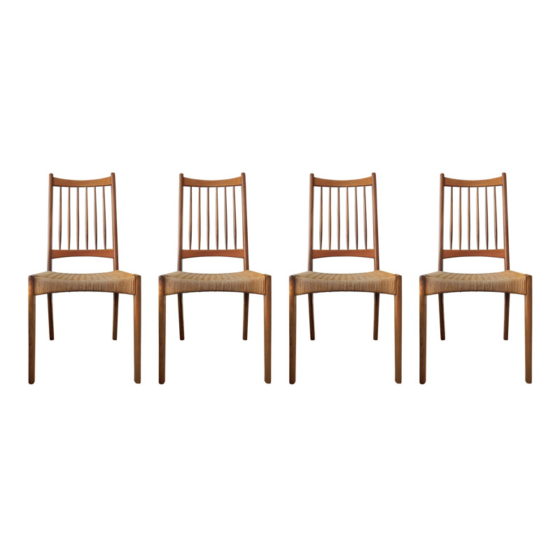 Ensemble vintage de 4 chaises de salle à manger en corde de teck et de papier