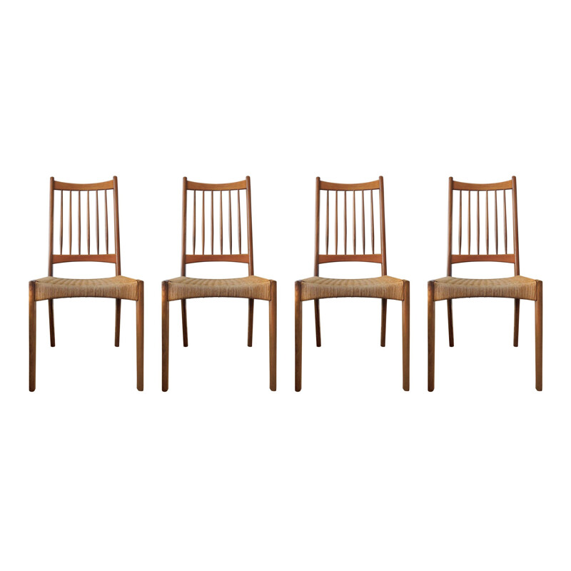 Vintage set of 4 teak & paper cord dinning chairs