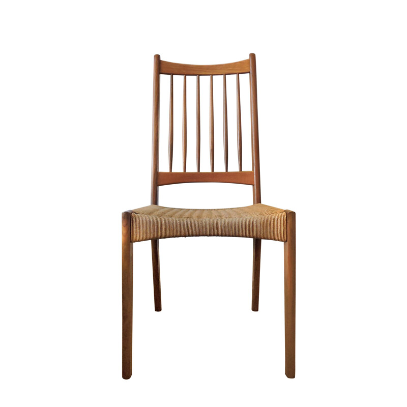 Vintage set of 4 teak & paper cord dinning chairs