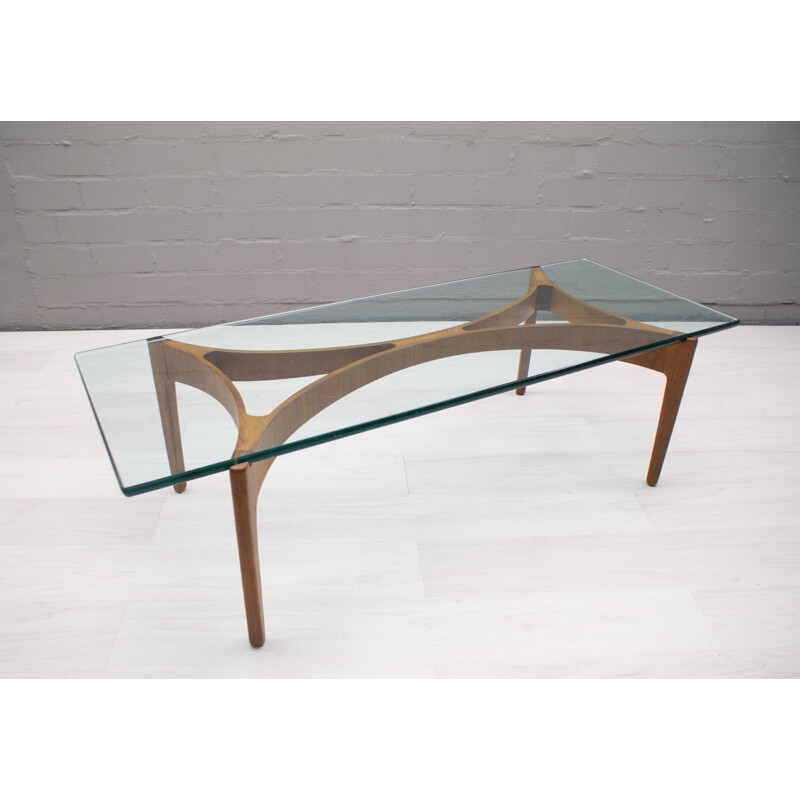 Table basse vintage en verre et teck,1960 