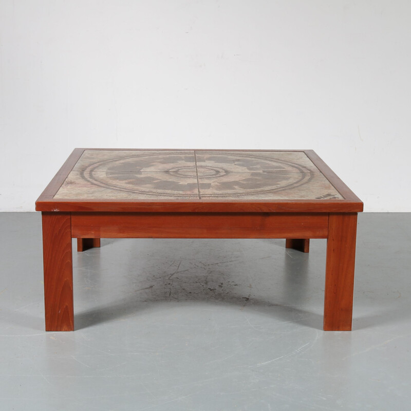 Vintage coffee table in wood, aluminum and ceramic by Ox-Art, Denmark 1970