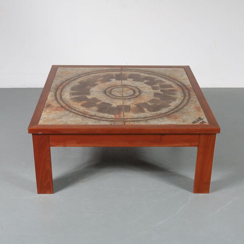 Vintage coffee table in wood, aluminum and ceramic by Ox-Art, Denmark 1970