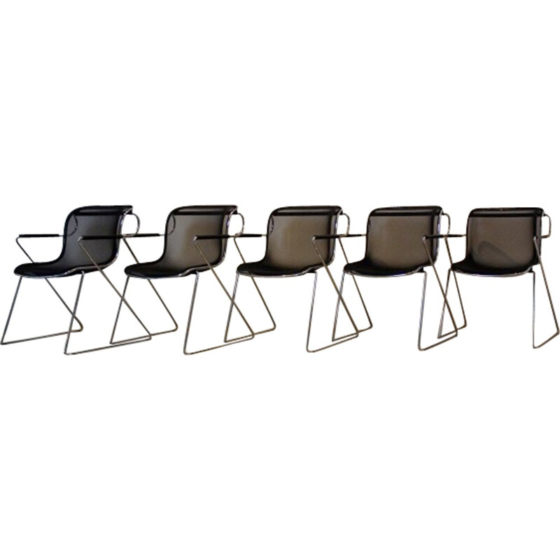 Set of 5 Castelli chromed steel and metal armchairs, Charles POLLOCK - 1982