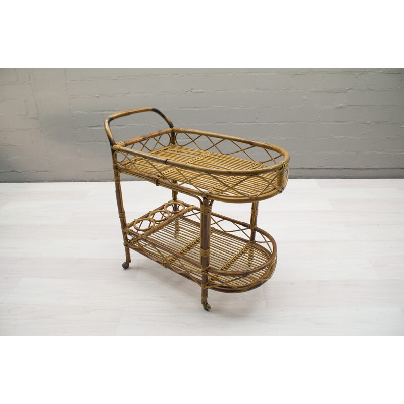 Vintage Italian rattan and bamboo trolley, 1950